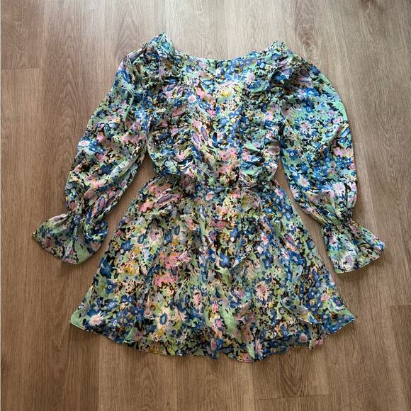 elliatt milani green & blue floral ruffle long sleeve mini summer dress small - Picture 5 of 8